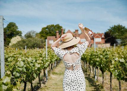 An image of a woman in a polka dot dress, Tour+Sparkling Afternoon Tea + Bottle of Classic Cuvee Rose. Hambledon Vineyard