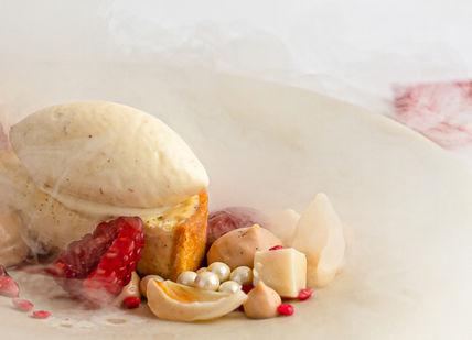 An image of a dessert with fruit and ice, Three-course menu. Park Row