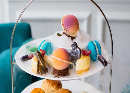 An image of a cake stand with a cake, Science Vegan/Vegetarian Afternoon Tea. The Ampersand Hotel, The Drawing Rooms