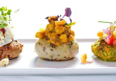 An image of three appetis on a white plate, Tasting Menu. Benares Restaurant and Bar