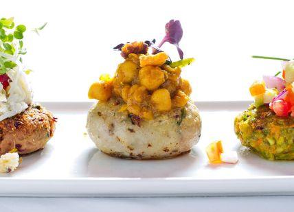 An image of three appetis on a white plate, Tasting Menu. Benares Restaurant and Bar