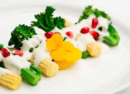 An image of a plate of food with vegetables, Five-Course Tasting Menu. Bombay Brasserie