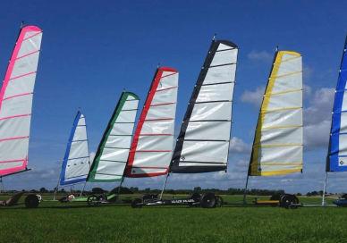 An image of sailboats on the grass, Group Land Yachting with a partner. Fishy's Land Yachts