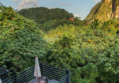 An image of the view from the top of a mountain, Caribbean Cocoa Estate Getaway. Hotel Chocolat Saint Lucia