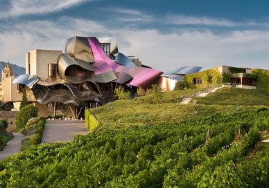 An image of a building with a pink roof, Spain Wine Break Hotel Transfer. Hotel Marques de Riscal