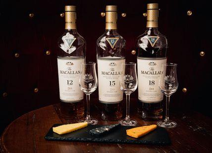 An image of three bottles of macallan, Macallan Whisky Experience with Cheese Pairing and Tapas. Map Maison