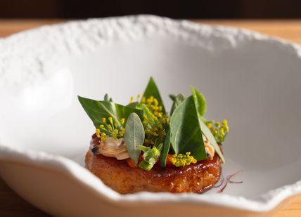 An image of a dish on a table, Six-Course Tasting Menu. Mere Restaurant