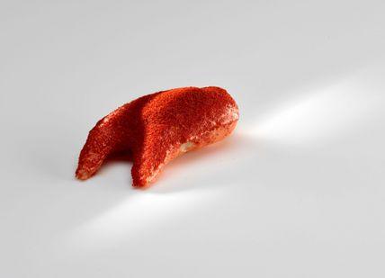An image of a piece of red fruit, Lunch menu. Mugaritz Restaurant