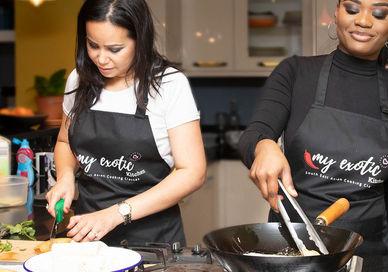 An image of two women cooking together, Asian Vegan Cooking Class. My Exotic Kitchen