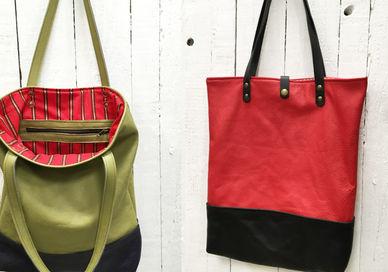 An image of three bags hanging on a wall, Make Your Own Leather Handbag. Rosanna Clare