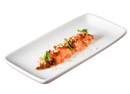 An image of a plate of salmon with sauce, Sunday Brunch with Champagne. Sette