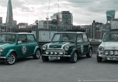 An image of three minis parked in a parking, Explore Landmarks Of London in a Classic Mini Cooper. smallcarBIGCITY