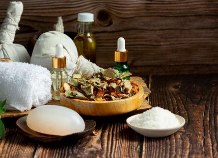 An image of a bowl of bath salts and a bowl of bath salts, Repose Aromatherapy Facial. Soholistic Spa at Ham Yard Hotel