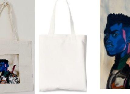 An image of a woman with a blue face and a white bag, Design your own tote bag. Undergrounder