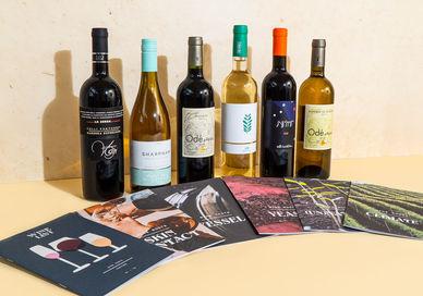 An image of wine bottles and a book, Three-Month Virtual Wine Course. The Wine List