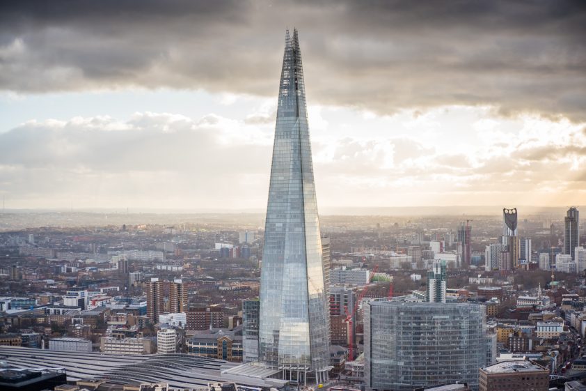 Aerial shot of The Shard in London skyline
