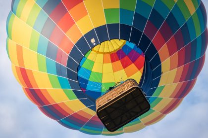 Colourful hot air balloon taking off