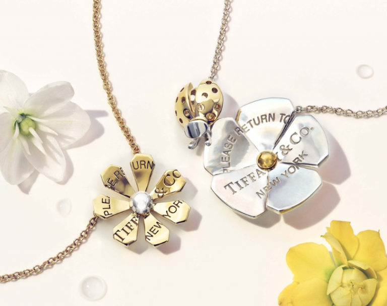 Tiffany'sLove Bugs daisy and ladybug flower pendants in 18k gold sterling silver