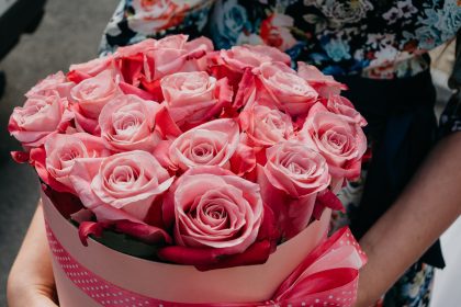 Person holding bouquet of pink roses