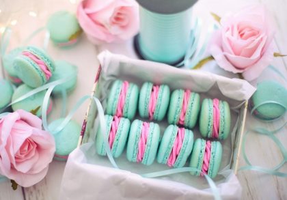 Box of brightly coloured macarons