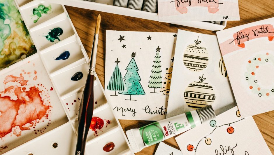 Home-made painted Christmas cards