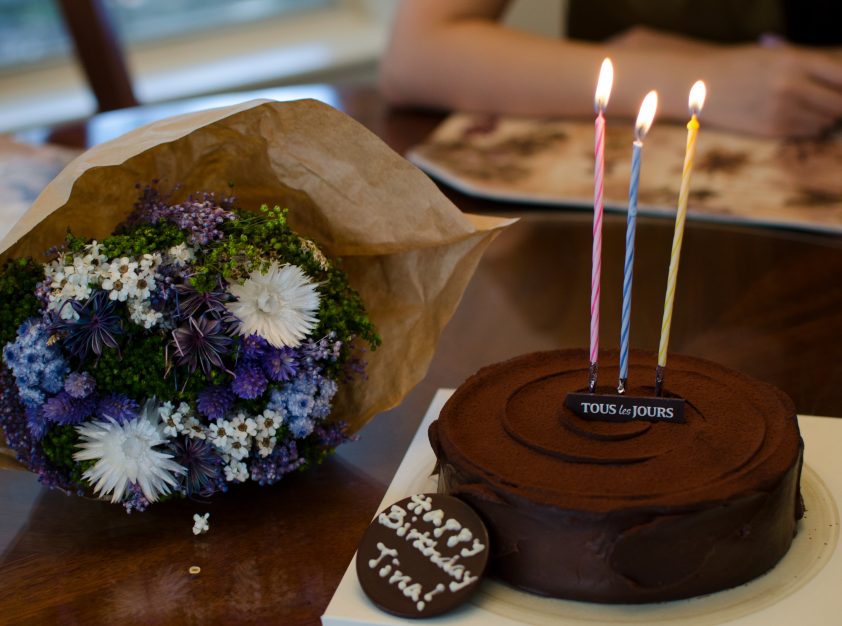 Birthday cake with candles and flowers