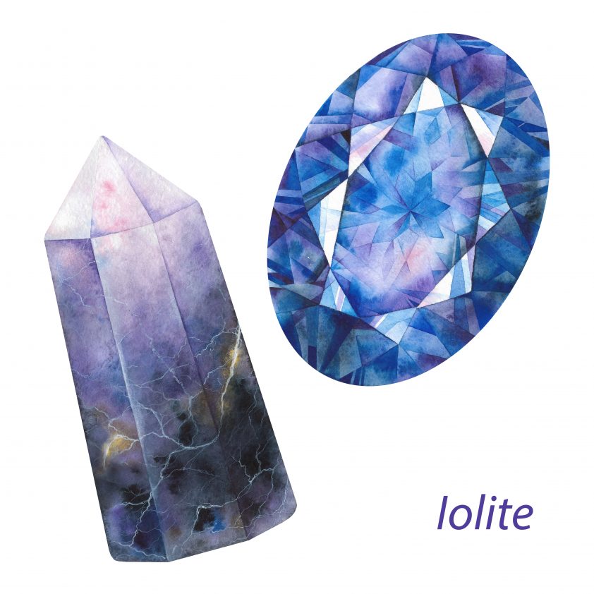 Watercolor iolite gemstones set on white background, healing crystals
