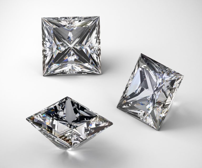 Princess cut diamonds isolated on white background, 3d illustrat