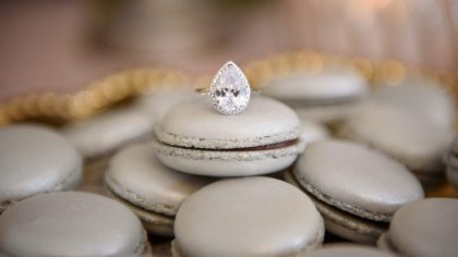 Silver Macarons with Pear Shaped Diamond Engagement Ring