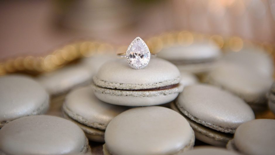 Silver Macarons with Pear Shaped Diamond Engagement Ring