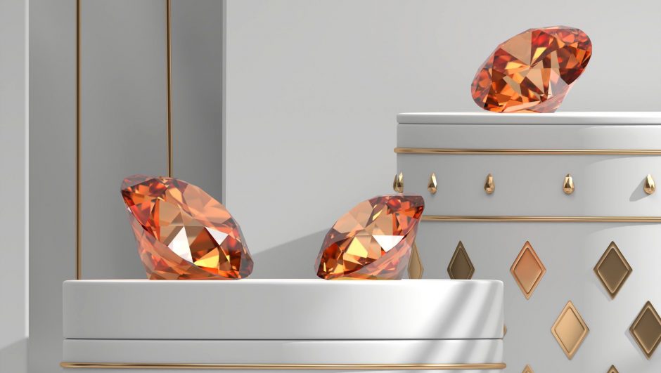 Amber diamonds placed on white background 3d rendering
