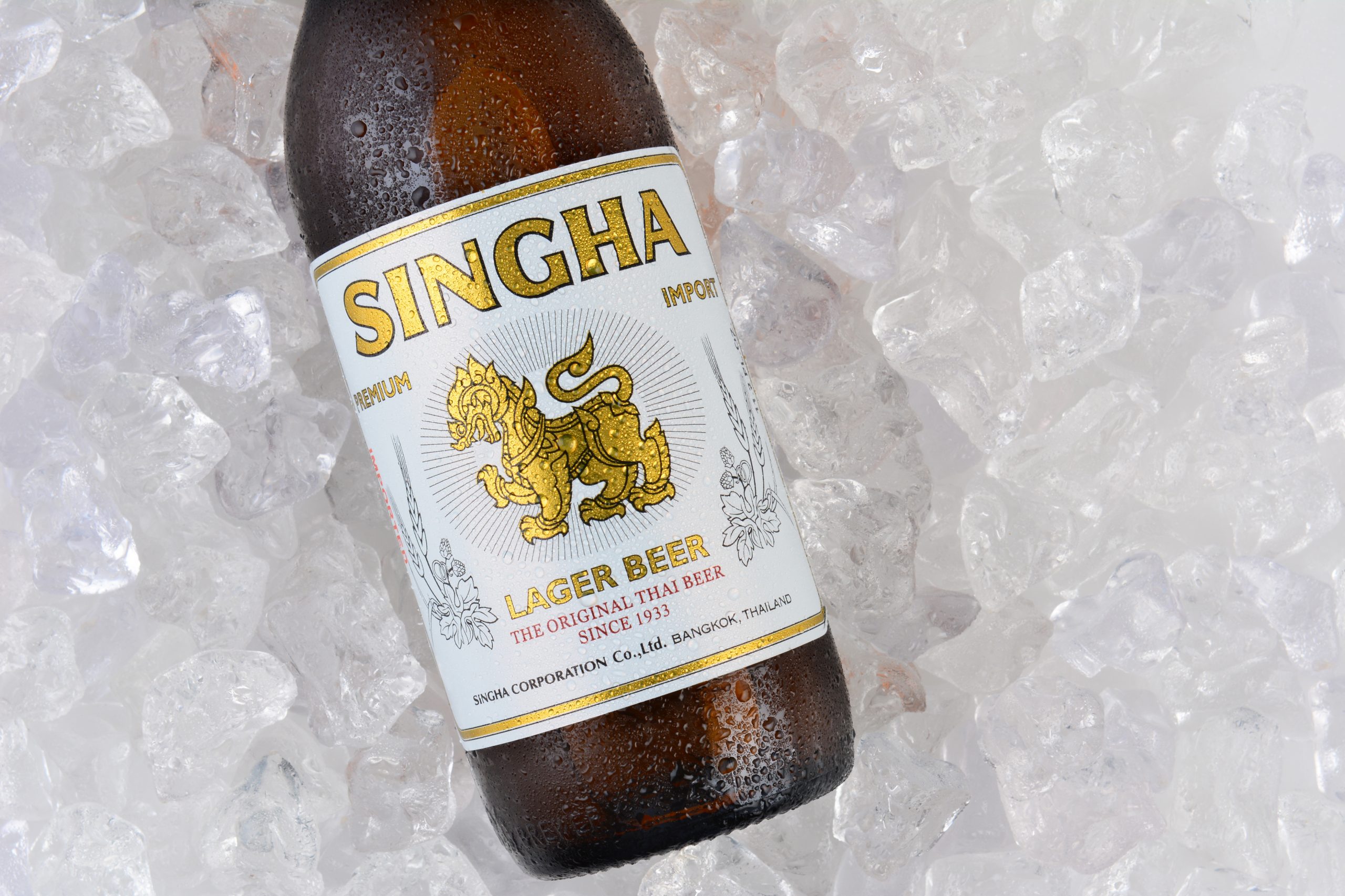 Singha Beer on Ice Closeup
