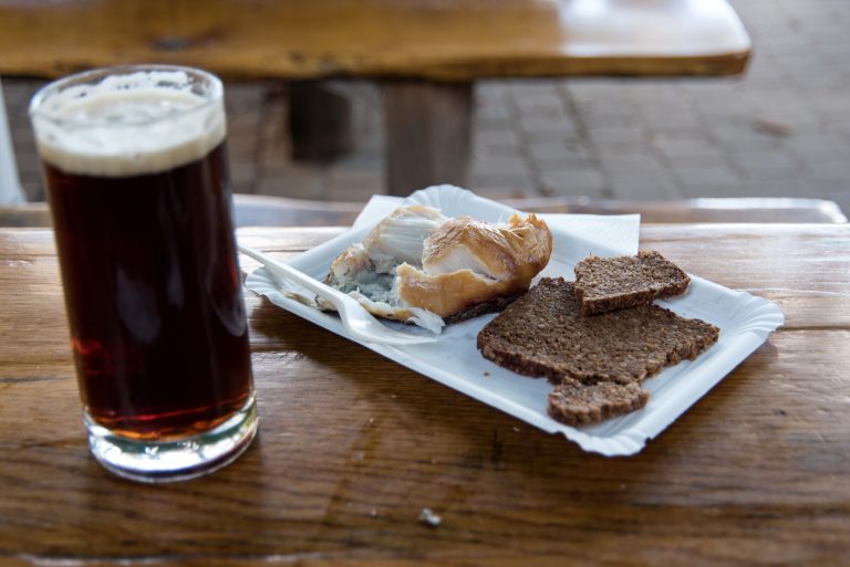 Smoked fish with black beer on Fischland in Germany