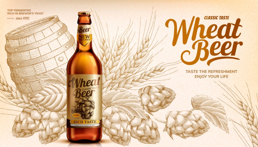 Wheat beer ads with woodcut style hops and barrel elements in 3d illustration, beige tone