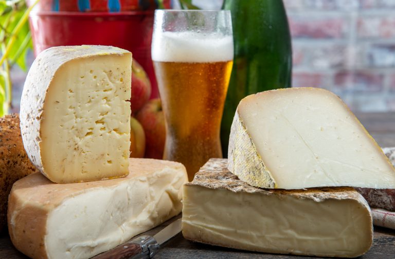 cheeses and Tomme de Savoie with a glass of beer, French cheese Savoy, french Alps France.