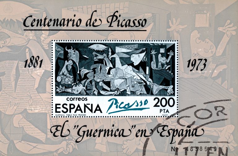 Save Download Preview SPAIN - CIRCA 1980: Stamp printed in Spain shows painting by Pablo Picasso Guernica