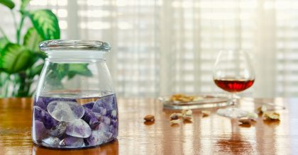 Combination of two stones used in the preparation of gem elixir. Amethyst and clear quartz are placed into a glass jar filled with clean water. This homeopathic remedy helps to get over the hangover.